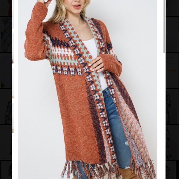 HPππ NEW Aztec Fringe Long Sleeve Fuzzy Open Long Cardigan - Picture 6 of 10